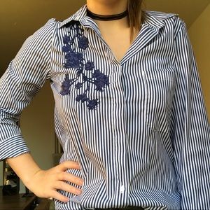 Blue Floral Embroidered Button Down